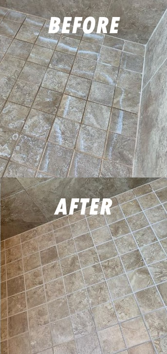 Before & After photo showing tiles before Perma Treat cleaning and then after